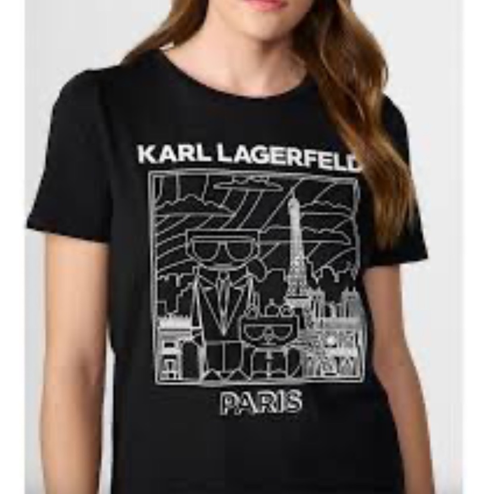 Karl Lagerfeld Paris Black white Graphic tee shirt Eiffel Tower logo signature S